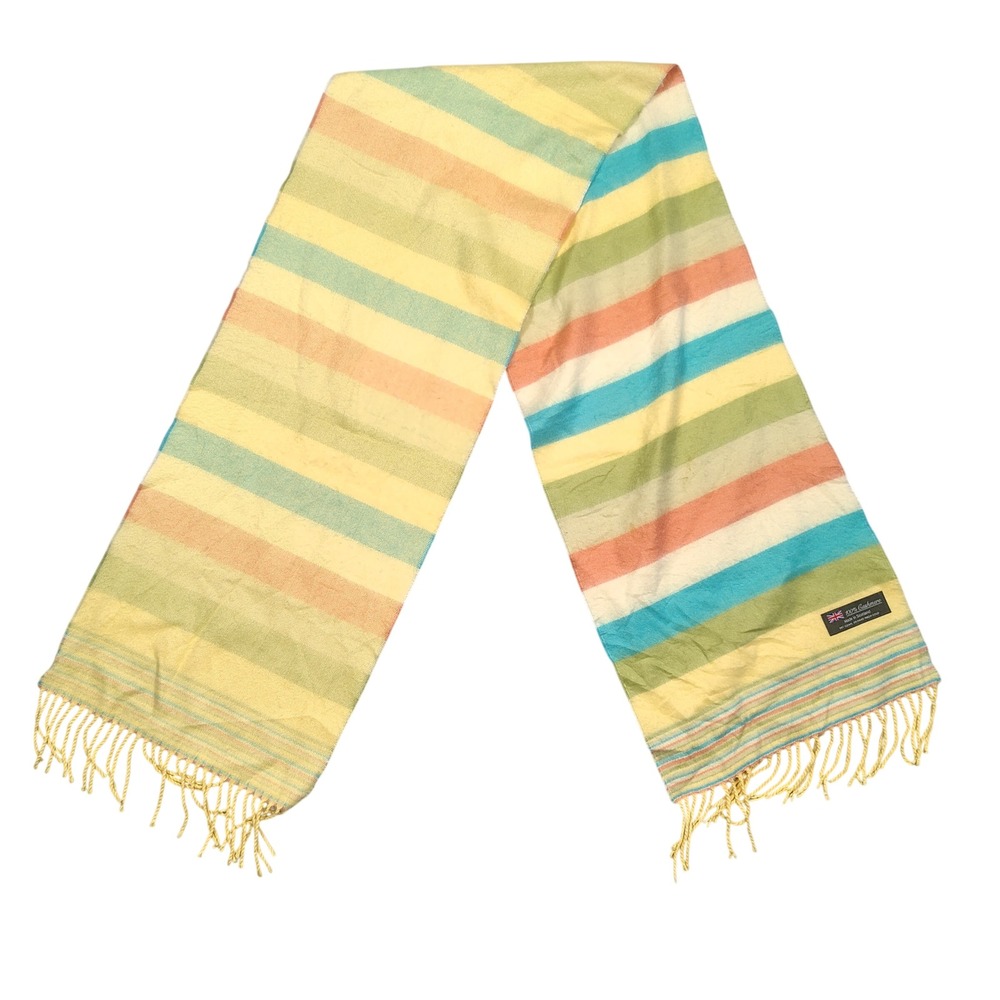 100% Cashmere Scarf Womens OS Striped Fringed Multicolor Scotland